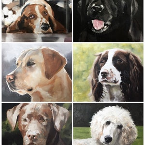 May include: A collage of six paintings of different dog breeds. The paintings are all in a realistic style and feature a variety of colors and textures. The dogs are all looking at the viewer with a variety of expressions.