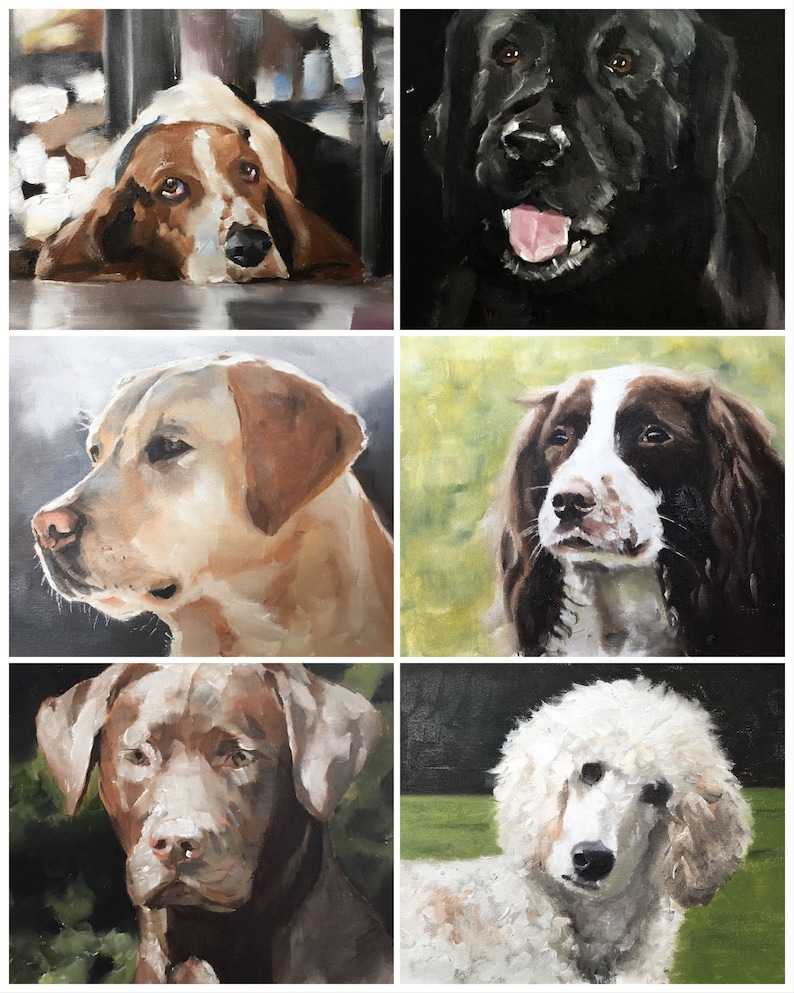 May include: A collage of six paintings of different dog breeds. The paintings are all in a realistic style and feature a variety of colors and textures. The dogs are all looking at the viewer with a variety of expressions.
