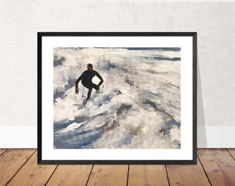 May include: A painting of a person in a wetsuit surfing on a wave. The water is a light blue and white color, and the sky is a light blue color.