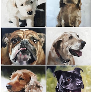 May include: A collage of six oil paintings featuring different dog breeds. The paintings are all in a realistic style and feature close-up portraits of the dogs. The dogs are all different colors and breeds, including a white puppy, a brown cocker spaniel, a black and white bulldog, a brown labrador, a black staffordshire bull terrier, and a brown cocker spaniel.