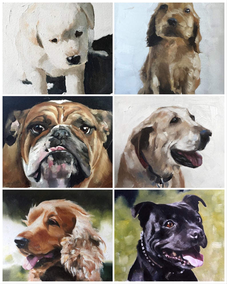 May include: A collage of six oil paintings featuring different dog breeds. The paintings are all in a realistic style and feature close-up portraits of the dogs. The dogs are all different colors and breeds, including a white puppy, a brown cocker spaniel, a black and white bulldog, a brown labrador, a black staffordshire bull terrier, and a brown cocker spaniel.