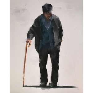 May include: A painting of a man in a black jacket and cap, holding a wooden cane. He is standing on a white background.