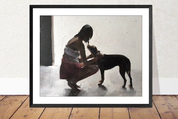美術品・アンティーク・コレクション 犬と女性のアートプリント