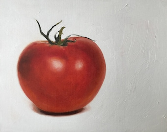 May include: A single, ripe red tomato with a green stem on a white background.