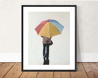 Colorful Umbrella Art Print: Man Walking in Rain, James Coates Painting