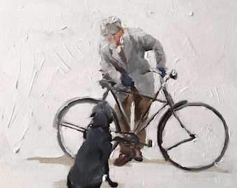 Man with bike Painting ,Bike Poster , Wall art, Canvas Print, Fine Art, from original oil painting by James Coates