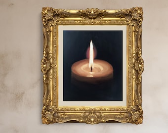 May include: A framed artwork featuring a lit candle. The candle is centered against a dark background, with a bright flame. The frame is ornate, gold-colored, and adds a classic touch to the piece. The artwork is displayed on a neutral-toned wall.