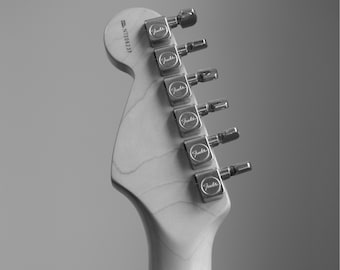 Stampa Fender Stratocaster: decorazione murale con chitarra in bianco e nero