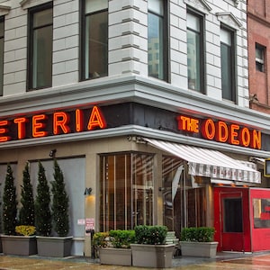 May include: Exterior view of a corner building with the neon sign "CAFETERIA THE ODEON". The building has a red door, a striped awning, and several windows. Green plants are in planters along the building's base. A traffic light and street signs are visible.
