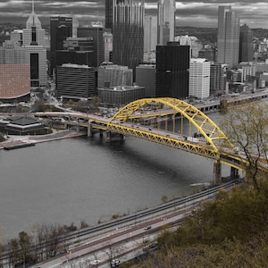 Pittsburgh Skyline Art: Black & Gold Fort Pitt Bridge Photo