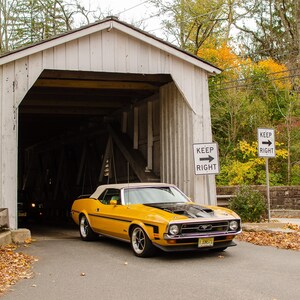 1971 Ford Mustang Mach 1 Art Print: Autumn Bridge Scene