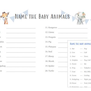 Baby Shower - Baby Tiere Tippspiel - BLAU Jungen-Party