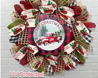 READY TO SHIP Red Truck Wreath, Christmas Wreath, Red Truck, Front Door Wreath, Buffalo Plaid, Farmhouse Christmas Wreath, Deco Mesh, Burlap