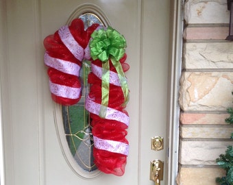 Christmas deco mesh wreath, Christmas wreath, Mesh christmas wreath, candy cane wreath, Unique Christmas Wreath, Christmas Ribbon, Winter