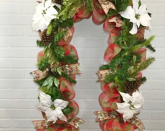 Christmas Garland, Evergreen Garland, Mantle Garland, Farmhouse Decor, Fireplace Decor, Poinsettia, Mesh Garland, Door Swag, Railing Garland