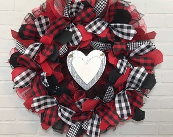 Valentine's Day Wreath, Valentine Day Decor, Valentine Day Mesh Wreath, Valentine Deco Mesh Wreath, Black and red valentine, Buffalo plaid