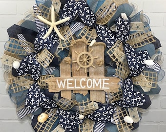 Summer Wreath,Beach Wreath, Spring Wreath, Nautical Wreath, Burlap Wreath, , Farmhouse Wreath, Front Door Wreath, Welcome wreath, Spring