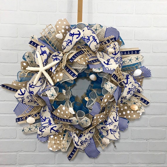 Nautical Wreath Deco Mesh Beach Wreath Beach Wreath for Front Door Beach Welcome Wreath Tropical Wreath Summer Beach Wreath Lake House