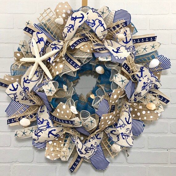 Spring Summer Beach Sea Shell Deco Mesh Wreath Nautical Boat Door Decor