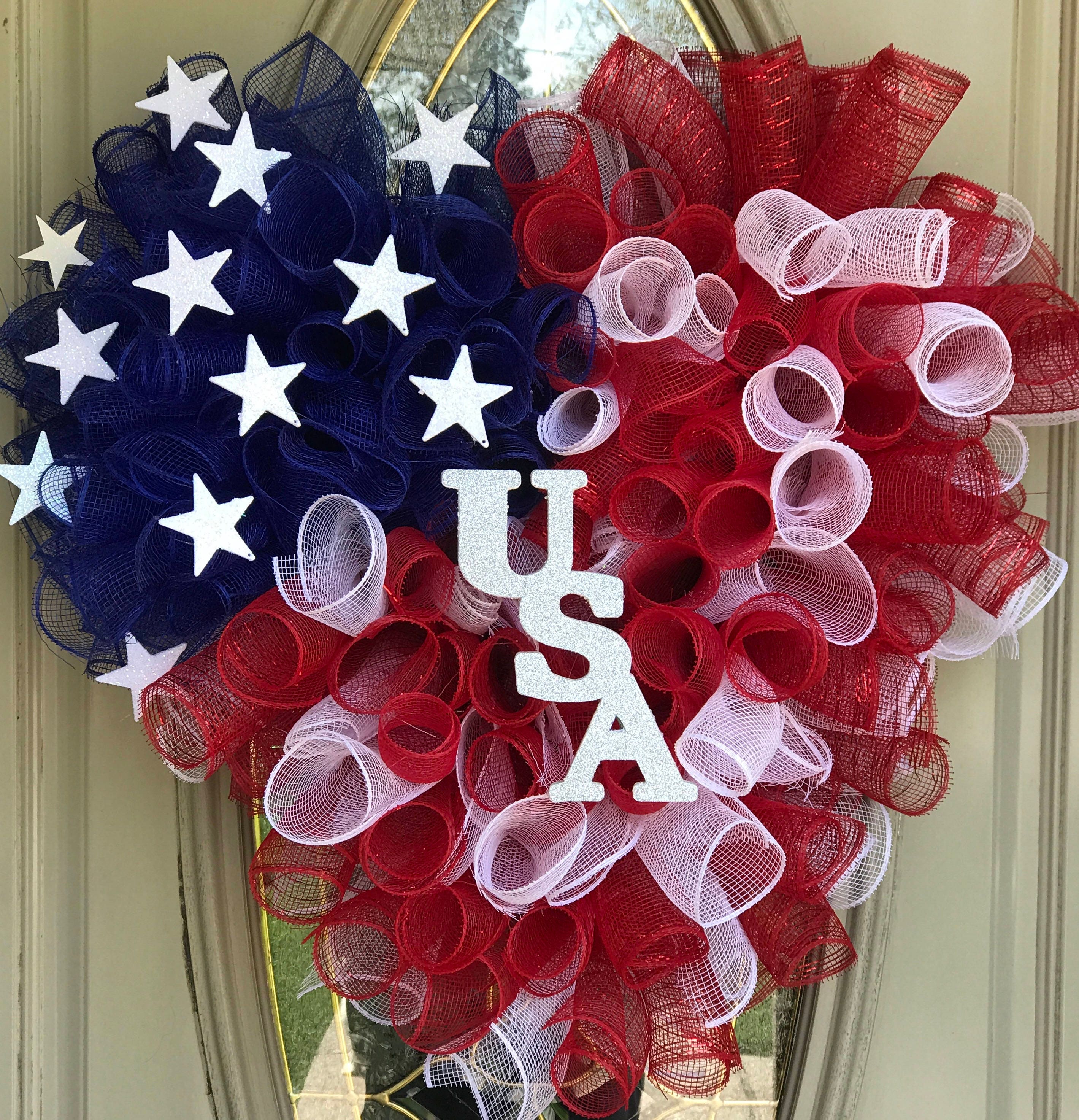 Patriotic wreath patriotic deco mesh 4th of July Memorial | Etsy