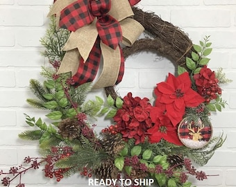 Christmas Wreath, Christmas Farmhouse Wreath, Holiday Wreath, Grapevine Wreath, Farmhouse Decor, Buffalo Plaid Wreath, Front Door Wreath