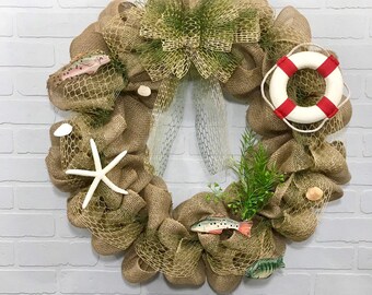 Farmhouse wreath, Farmhouse Decor, Burlap Wreath, Lake house Wreath, Nautical Wreath, Fishing Wreath, cabin decor, starfish wreath