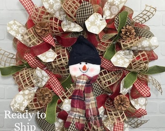 READY TO SHIP Farmhouse, Winter Wreath, Front Door, Snowman Wreath, Deco Mesh, Christmas Wreath, Burlap Wreath, Pinecones, Country, Rustic
