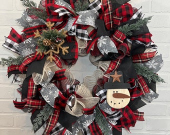 Winter country wreath, farmhouse christmas Wreath, Front Door Wreath, Snowman Wreath, Buffalo Plaid, Farmhouse Wreath, Deco Mesh decor