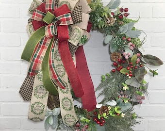 Christmas Wreath, Christmas Farmhouse Wreath, Holiday Wreath, Grapevine Wreath, Farmhouse Decor, Buffalo Plaid Wreath, Front Door Wreath