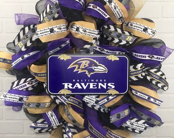 Baltimore Ravens Deco Mesh Wreath, Baltimore Ribbon, RavensRibbon,Football Wreath, Raven Wreath, Man Gift,Housewarming Baltimore Wreath