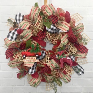Red Truck Wreath, Christmas Wreath, Red Truck, Front Door Wreath, Buffalo Plaid, Farmhouse Christmas, Farmhouse Wreath, Deco Mesh, Burlap