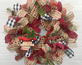 Red Truck Wreath, Christmas Wreath, Red Truck, Front Door Wreath, Buffalo Plaid, Farmhouse Christmas, Farmhouse Wreath, Deco Mesh, Burlap