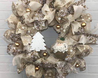 READY TO SHIP gold Winter wreath, Farmhouse, Holiday Wreath, Pine Cones, Christmas, Deco Mesh, snowman, Front Door Wreath, Burlap