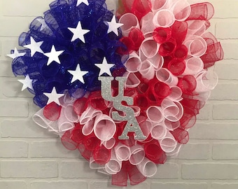 Patriotic wreath, patriotic deco mesh, 4th of July, Memorial Day, Labor Day, mesh patriotic wreath, Red, White, Blue Wreath, heart Wreath
