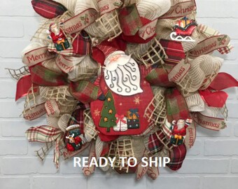 READY TO SHIP Winter farmhouse Wreath, Christmas Wreath deco mesh, Winter Burlap Wreath, Santa Wreath, Santa Burlap, Country Winter Wreath