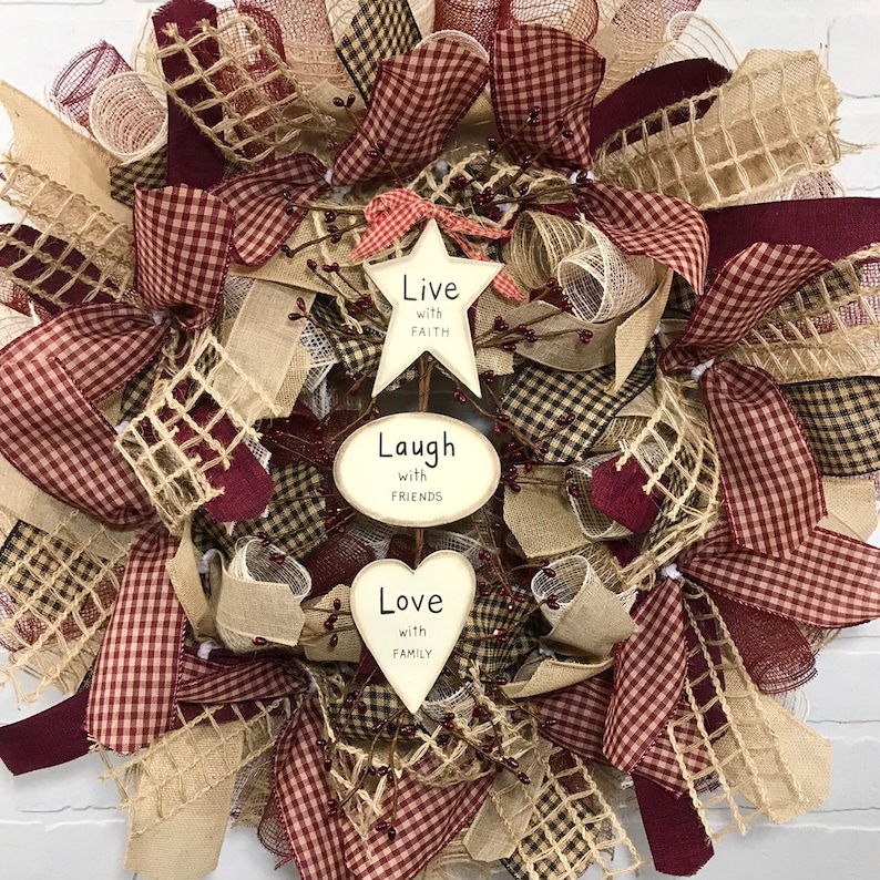 Heart Wreath Farmhouse Wreath Country Farmhouse Decor Welcome Wreath Burlap Wreath Everyday Wreath Deco Mesh Wreath Rustic Wreath