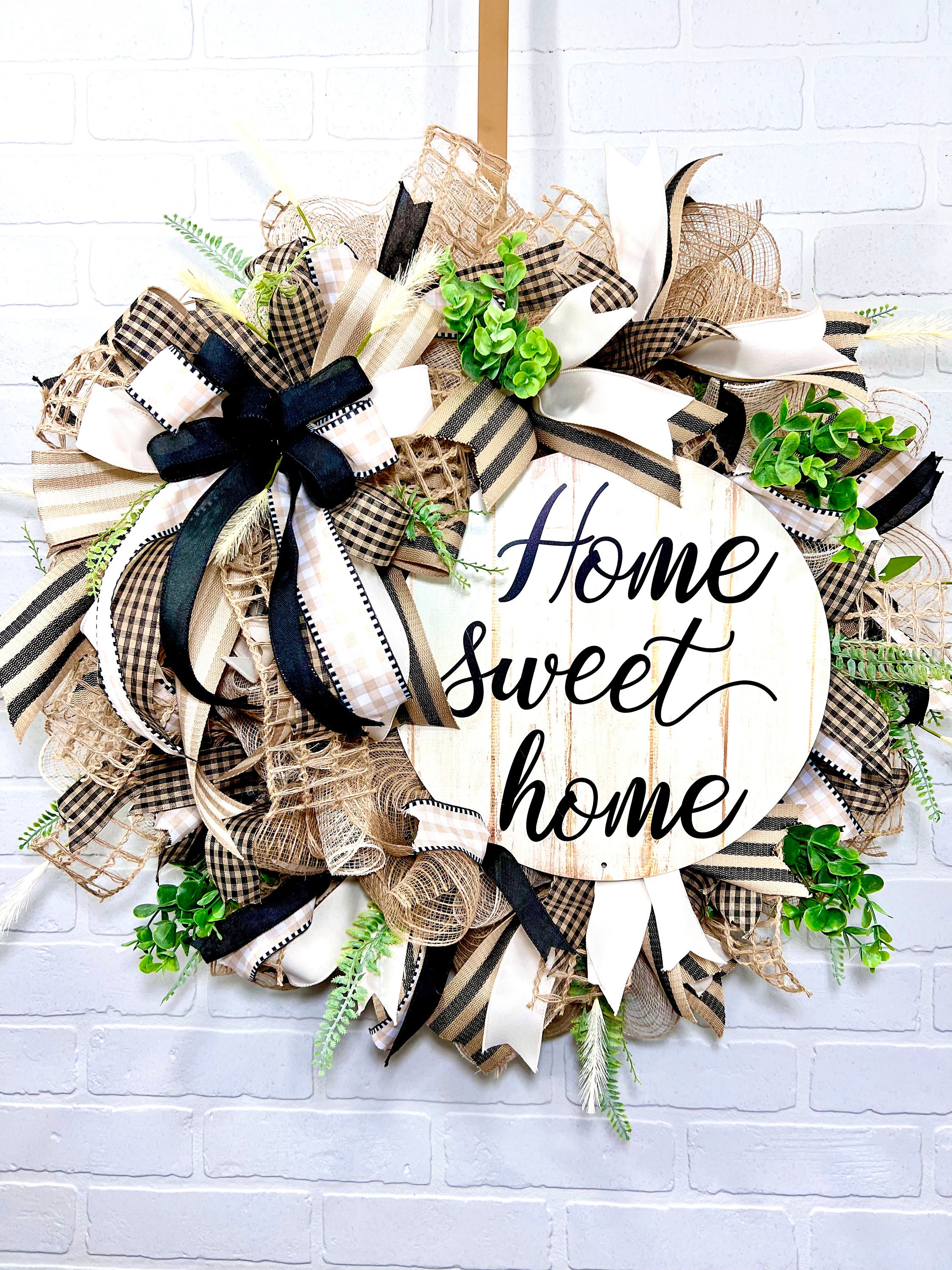 24" Round Burlap Welcome Wreath - Year Round Outdoor/Indoor Decor, Black Jute & White, Front Door Decor