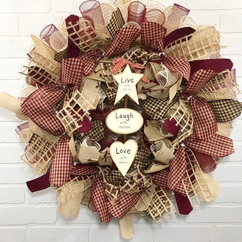 Heart Wreath Farmhouse Wreath Country Farmhouse Decor Welcome Wreath Burlap Wreath Everyday Wreath Deco Mesh Wreath Rustic Wreath
