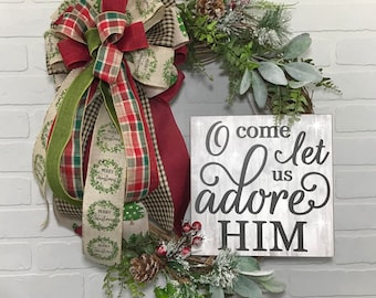 Christmas Wreath, Christmas Farmhouse Wreath, Religious Wreath, Grapevine Wreath, Farmhouse Decor, Buffalo Plaid Wreath, Front Door Wreath