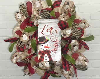 Farmhouse, Winter Wreath, Front Door Wreath, Snowman Wreath, Deco Mesh Wreath, Christmas Wreath, Burlap Wreath, Country, Rustic, winter snow