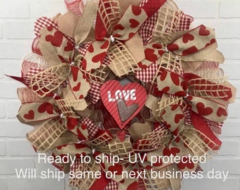 READY TO SHIP -Valentine’s Day Wreath, Valentine Day Decor, Valentine Day Mesh Wreath, Deco Mesh Wreath, red rustic valentine, Buffalo