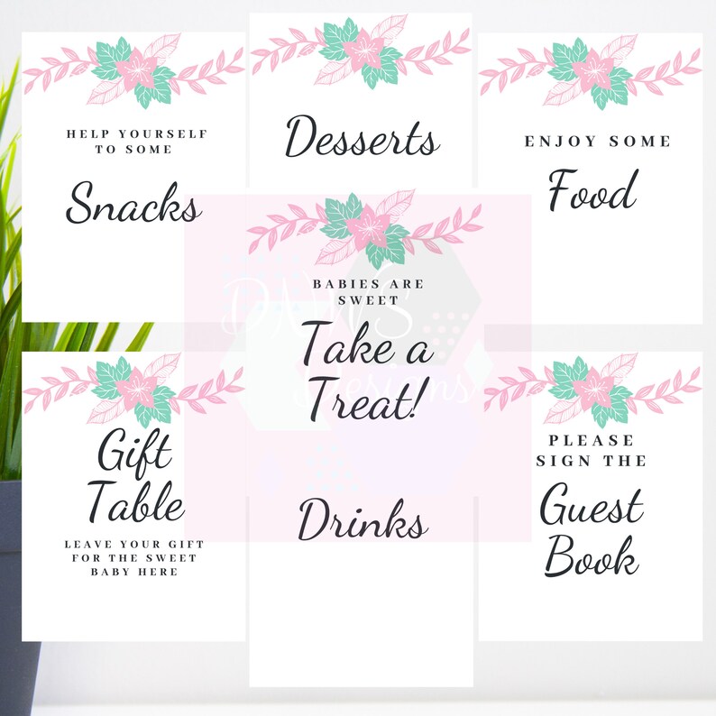 Pink and Teal Floral Baby Shower Table Signs set of 8 Etsy