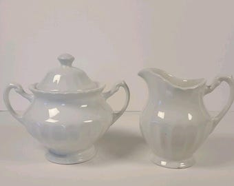 J & G Meakin England Classic White Covered Sugar Bowl and Creamer Set