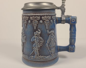 West Germany Beer Stein With Pewter Lid 7” Blue with Dukes and Knights #1124