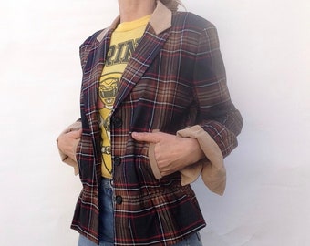 Moschino Jeans | Vintage Plaid Jacket | 1980/90s | Wool Blazer with Velvet Collar/Cuffs | Waisted Plaid Jacket | Made in Italy | Size M