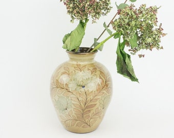 Vintage Ball Vase | 1980s | Floral Decor | Pottery | Terracotta Vase | Sandstone | Enamelled Ceramic | Beige/Brown/Blue | Made in France