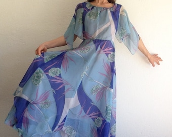 Floral Vintage Dress | 1970s | Romantic Summer Dress | Ruffle Dress | Blue | Maxi Tulle Dress | Ball Gown | Bohemian Evening Dress | Size M