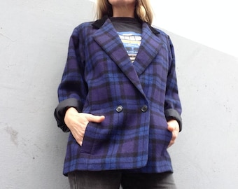 Guy Laroche - Paris | Vintage Blazer Jacket | 1980s | Blue/Black Plaid Jacket | Wool/Velvet | Oversize Jacket | Made in France | Size M