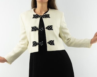 Moschino - Cheap And Chic | Vintage Spencer Jacket | 1990s | Cropped Jacket | Bow | Polka Dot | White Jacket | Made in Italy | Size S