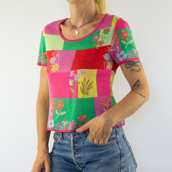 Kenzo | Vintage Floral Top | 1980/90s | Colorful Short Sleeve Sweater | Color Block | French Vintage | Cotton Knit | Made in France | Size M